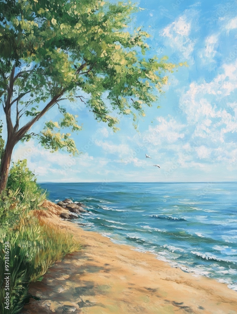 Oil painting depicting a serene shoreline scene by a tranquil sea highlighting the natural beauty of coastal landscapes Oil painting depicting a serene shoreline scene by a tranquil sea highlighting the natural beauty of coastal landscapes