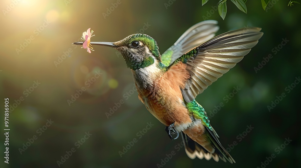 Fototapeta premium Hummingbird near flowers.