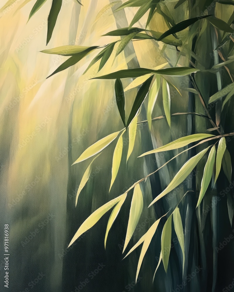 Fototapeta premium Oil painting depicting bamboo leaves illuminated by sunlight showcasing natural beauty and the effects of light