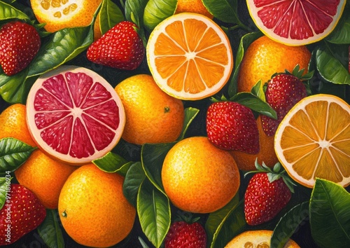 Vibrant oil painting featuring an array of citrus fruits leaves and strawberries forming a dynamic pattern