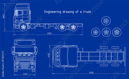 Vector engineering drawing of truck with trailer 
with dimensional lines
and numerical values of vehicle dimensions.
Cad scheme. Mechanical background. Design documentation.