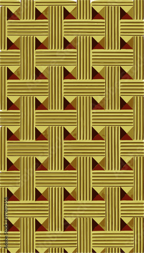 A geometric pattern in yellow and red, reminiscent of woven fabric or embossed leather.