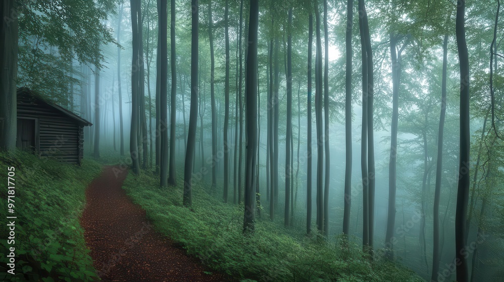 Obraz premium Misty forest with a hidden path revealed by morning light, explorers finding a forgotten cabin, foggy forest, path discovery