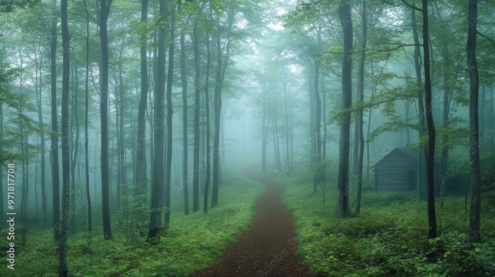 Obraz premium Misty forest with a hidden path revealed by morning light, explorers finding a forgotten cabin, foggy forest, path discovery