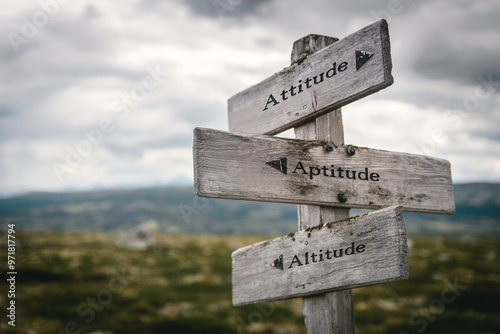 Tableau sur toile attitude aptitude altitude text quote on wooden directional signpost outdoors in