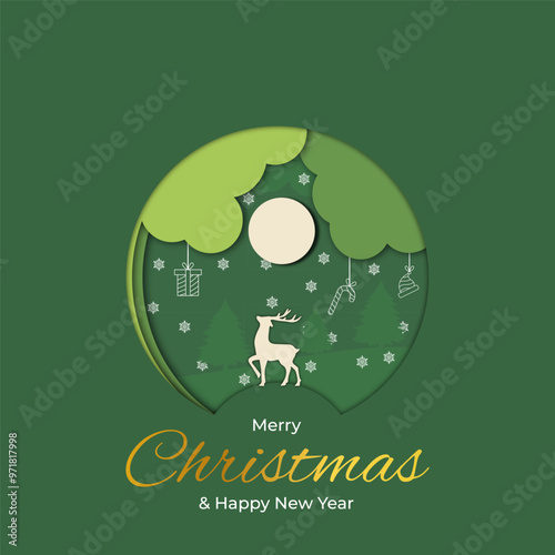 Christmas tree, snowman, deer and hanging xmas elements in paper cut template backdrop collection. Vector illustration social media design.