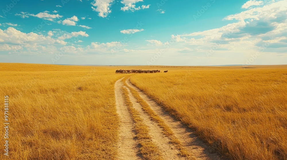 Dusty jeep trail winding through the golden savannah, a pride of lions in the distance, wildlife exploration, safari discovery Dusty jeep trail winding through the golden savannah, a pride of lions in the distance, wildlife exploration, safari discovery