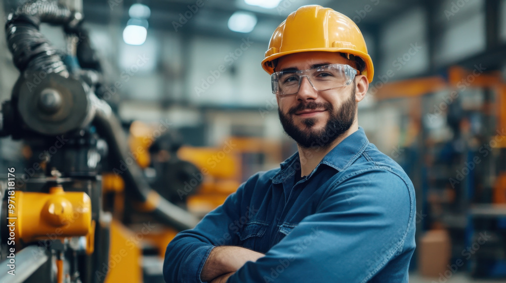 Smiling worker wearing safety helmet and glasses, confidently posing near industrial machinery in a large factory setting. Smiling worker wearing safety helmet and glasses, confidently posing near industrial machinery in a large factory setting.