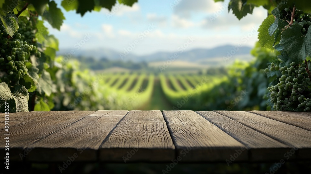 Wooden Tabletop with Vineyard Background Wooden Tabletop with Vineyard Background