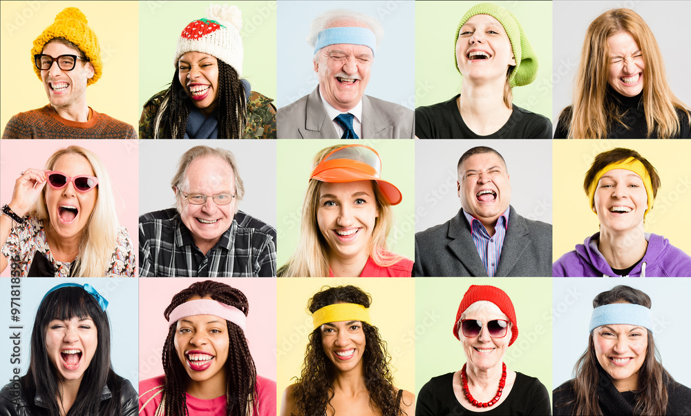 Collage, people and face for fun, smile and playful on colorful studio background with excited energy. Men, women and mosaic with portrait, diversity and carefree or comic fashion for generations