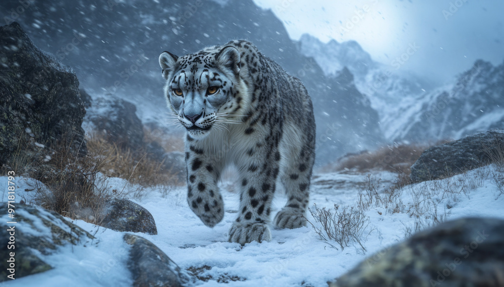 Fototapeta premium Snow leopard, white leopard in snow mountains, white snow leopard walking