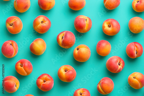 Fruit pattern of fresh peaches on green pastel background. Top view.