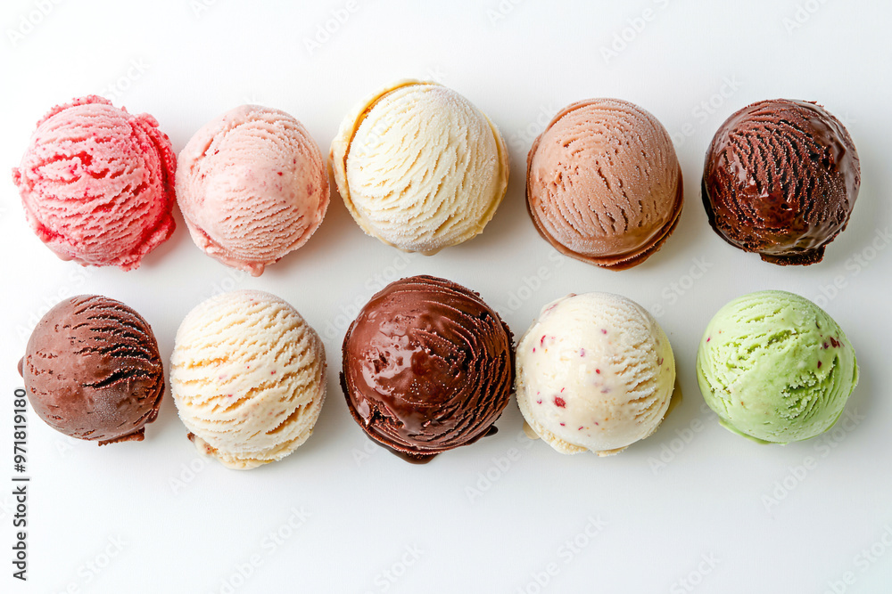 Set of five various ice cream scoops or balls isolated on white background. Top view.