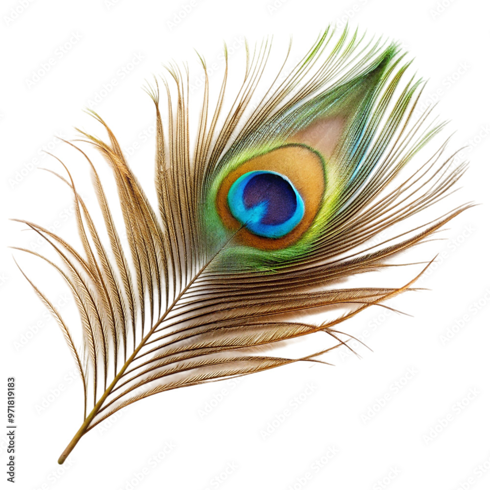 Fototapeta premium Single peacock feather closeup Isolated on transparent background.