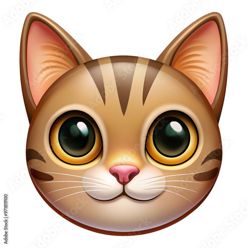 Cute Cat Emoji with Big Eyes and Whiskers on Transparent Background