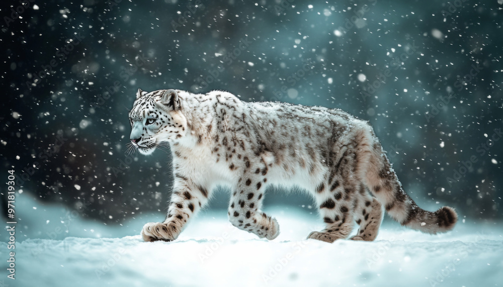 Snow leopard, white leopard in snow mountains, white snow leopard walking