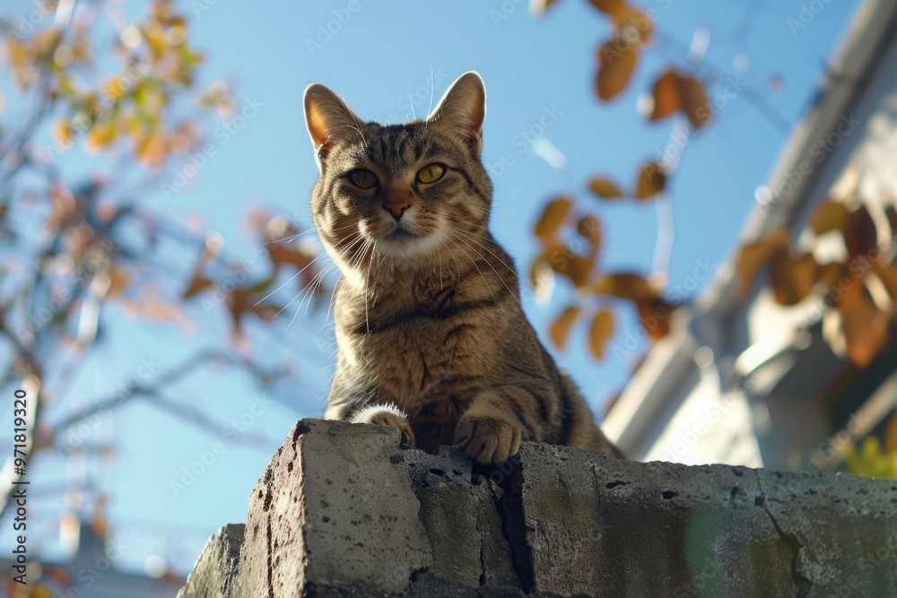 Obraz premium The cat sits against the blue sky