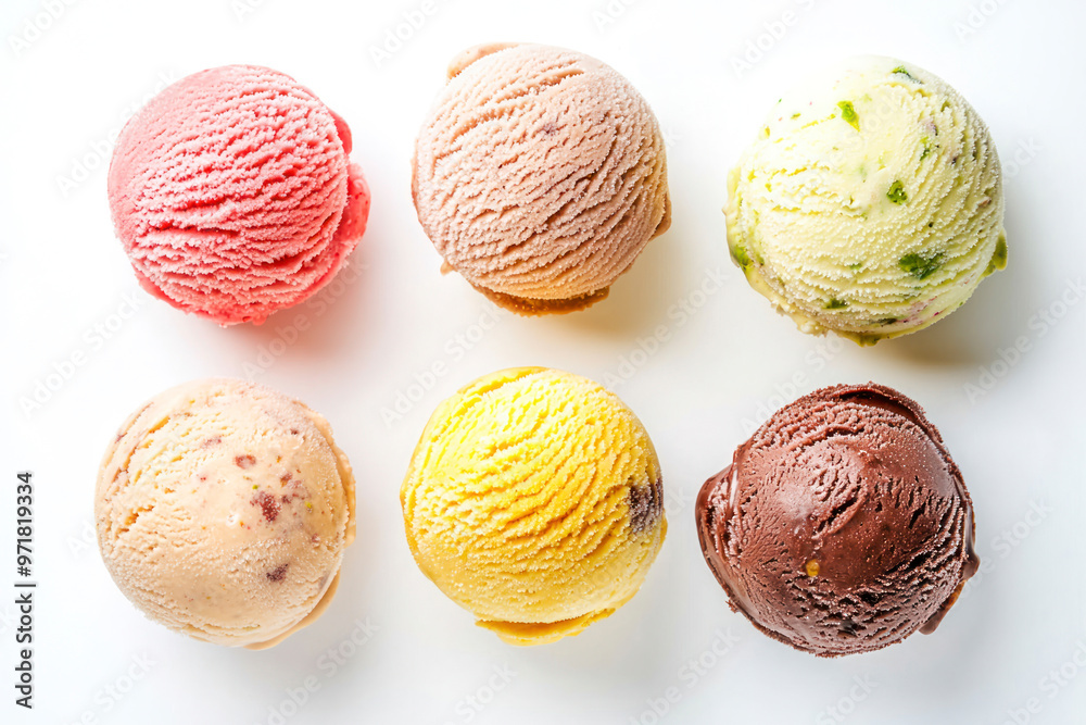 Set of five various ice cream scoops or balls isolated on white background. Top view. Set of five various ice cream scoops or balls isolated on white background. Top view.