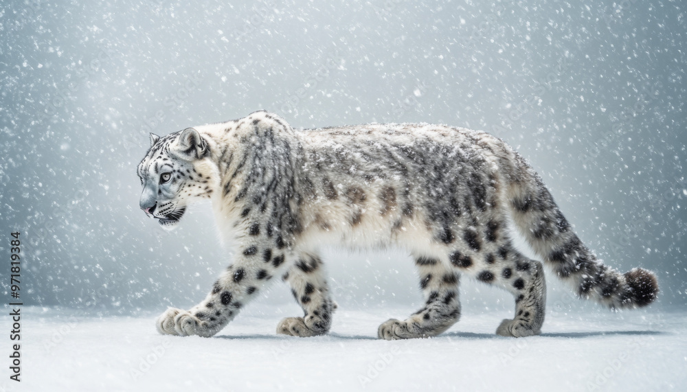 Snow leopard, white leopard in snow mountains, white snow leopard walking