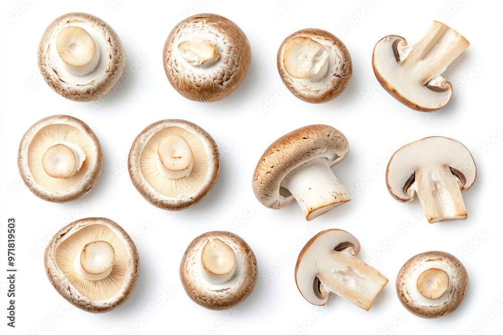 Set of fresh whole and sliced champignon mushrooms isolated on white background. Top view. Set of fresh whole and sliced champignon mushrooms isolated on white background. Top view.