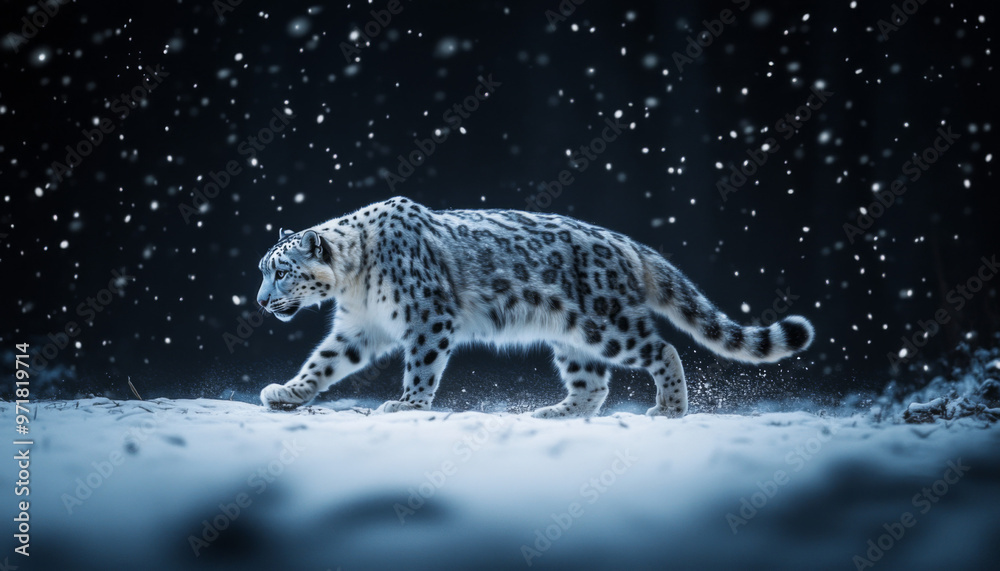 Fototapeta premium Snow leopard, white leopard in snow mountains, white snow leopard walking