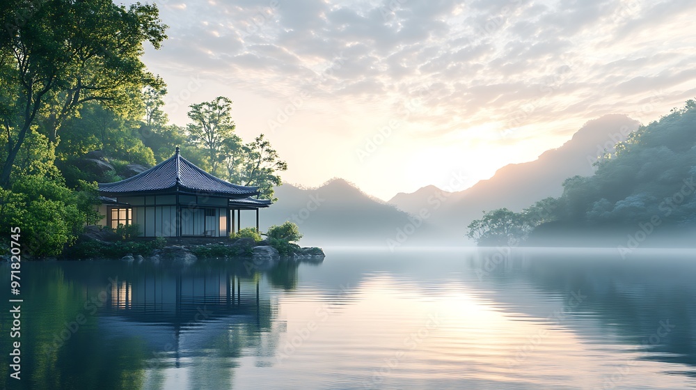 Fototapeta premium Serene lake with a traditional house and mountains in the background
