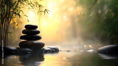 Zen Garden with Stones Stacked in a River with Mist and Bamboo