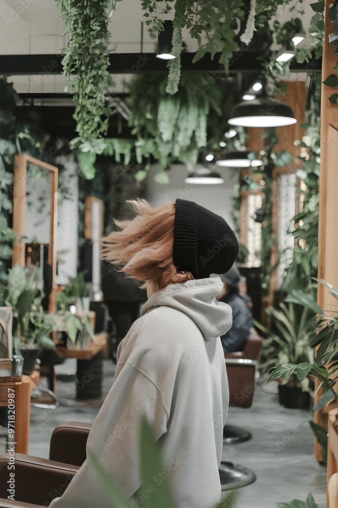 A young individual with flowing, wavy hair faces away from the camera at a modern salon filled with greenery and natural elements.