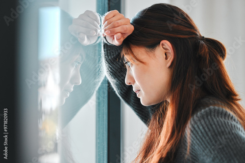 Quadro su tela Mental health, woman and depression at window in home with stress, failure and regret trauma