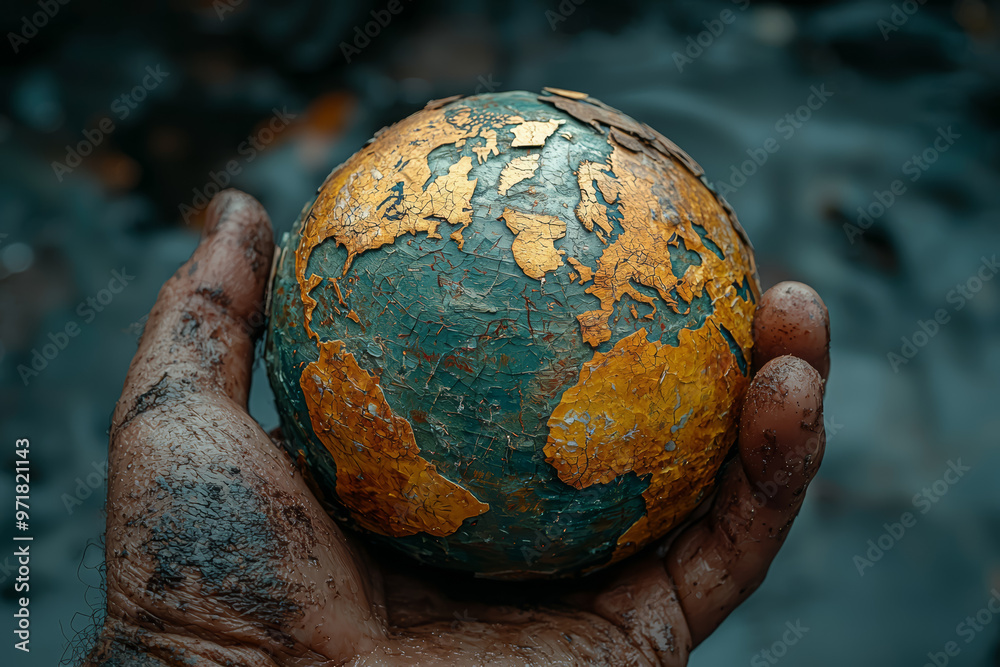 A globe being squeezed by a giant hand, with continents cracking under ...