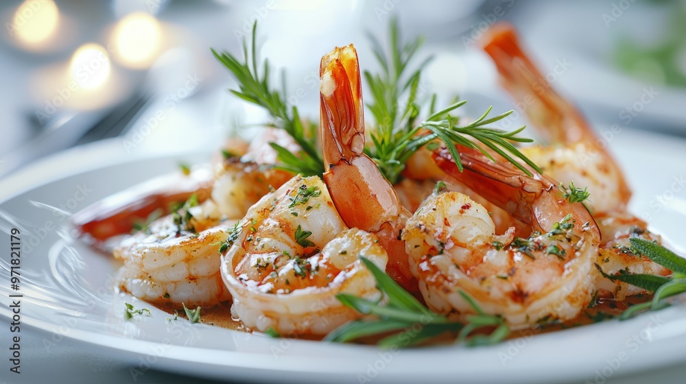 Gourmet shrimp dish with rosemary on a white plate in a fine dining setting Gourmet shrimp dish with rosemary on a white plate in a fine dining setting