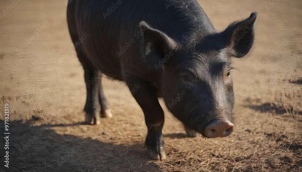 closeup of a black Iberian pig in the fields closeup of a black Iberian pig in the fields