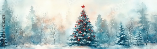 Festive watercolor Christmas tree with red ornaments in snowy scene