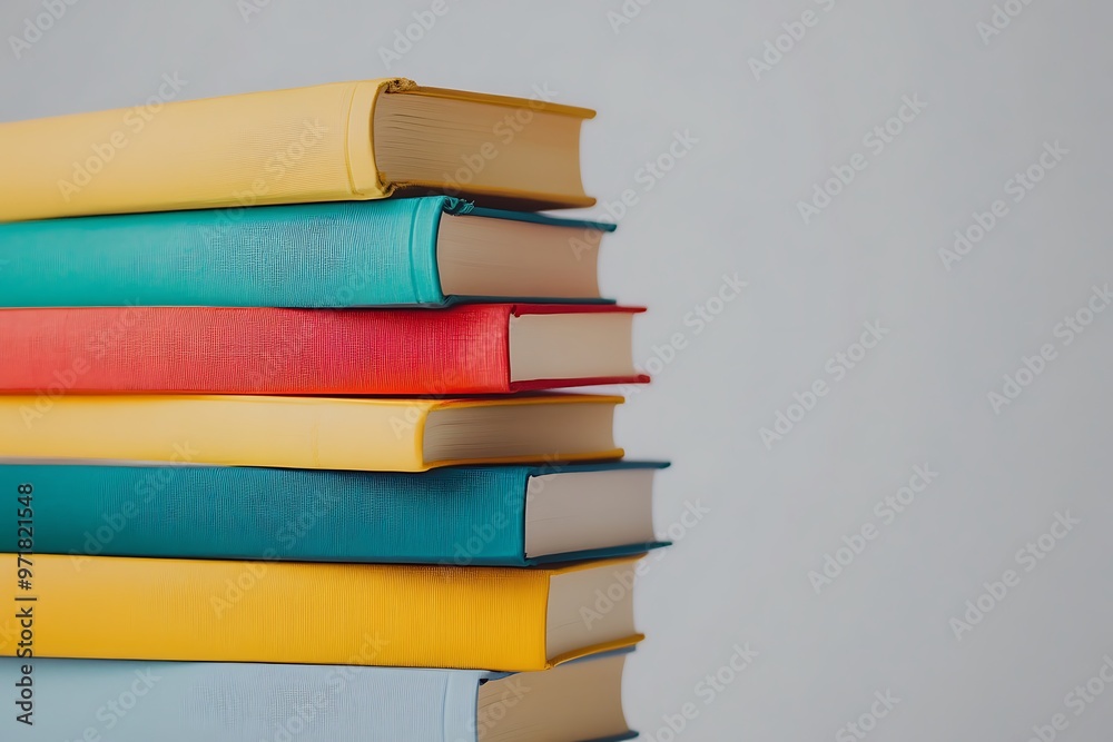 Stack of colorful hardcover books on a white background