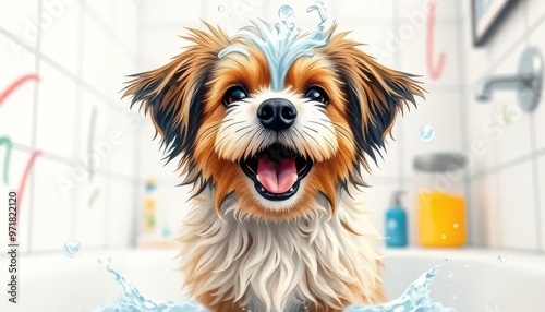 Illustration of a Dog Enjoying Bath with Soap Bubbles