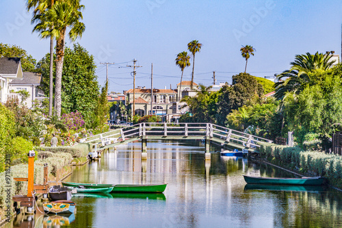 canals of Venice, build by Abbot Kinney in California, beautiful living area with boats and residential houses.