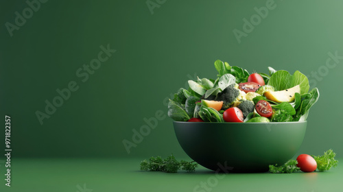 A fresh, vibrant salad of mixed greens, cherry tomatoes, avocado slices, and broccoli in a green bowl, perfect for a healthy meal.