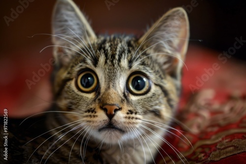 A cat with its eyes wide open is staring at the camera