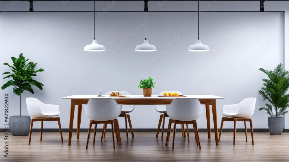 A minimalist dining room setup featuring a wooden table, white chairs, indoor plants, and hanging lights in a clean, modern space. A minimalist dining room setup featuring a wooden table, white chairs, indoor plants, and hanging lights in a clean, modern space.