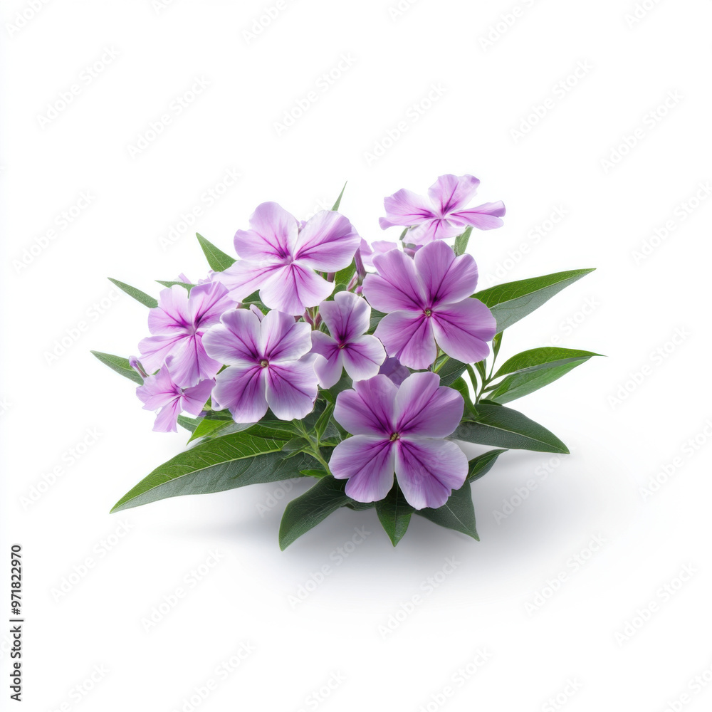 A stunning cluster of delicate light purple phlox flowers with green leaves, isolated on a white background, showcasing their subtle beauty. A stunning cluster of delicate light purple phlox flowers with green leaves, isolated on a white background, showcasing their subtle beauty.