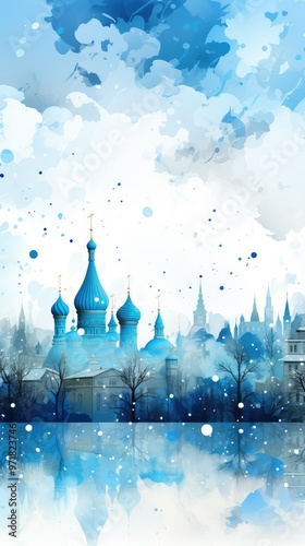 Watercolor city skyline with snow