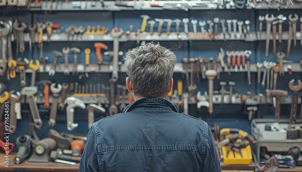 Man inspecting tools on shelf. Man inspecting tools on shelf.