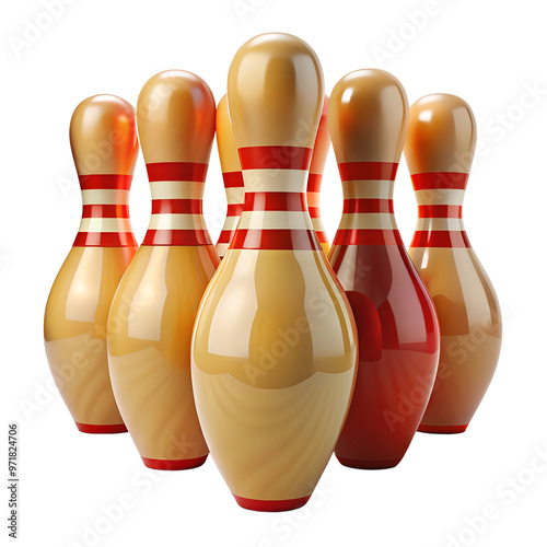 Royalty-free image of colorful bowling pins arranged and ready for a game, perfect for sports and leisure-themed projects. photo