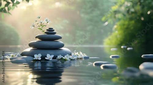 Zen garden stones and flowers in a peaceful stream