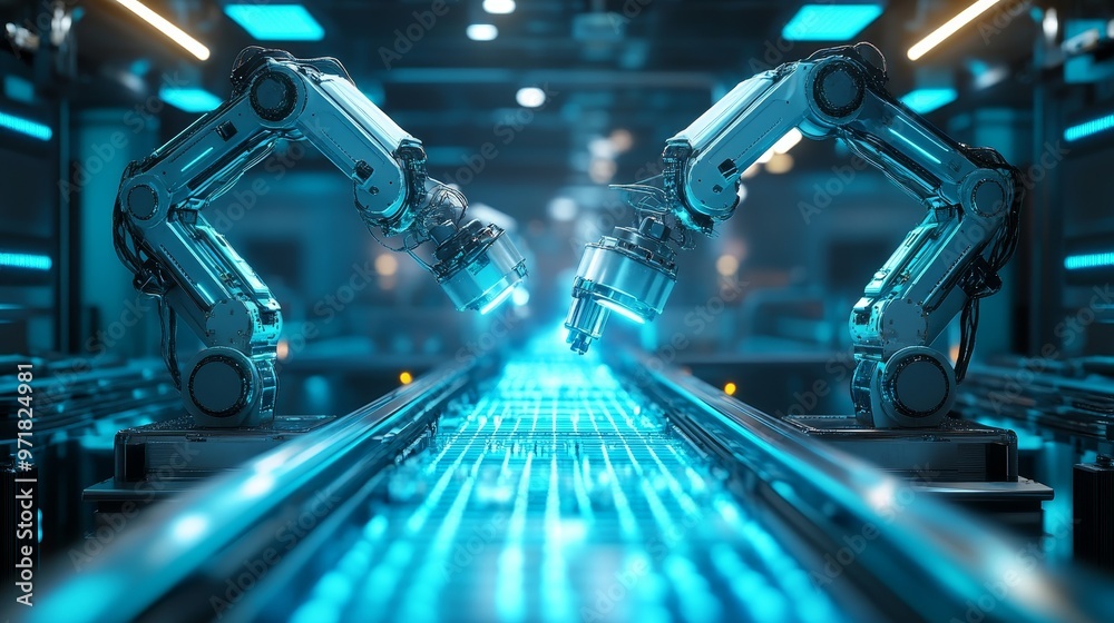 Obraz premium Robotic arms inspecting food products on conveyor belts in a sleek futuristic facility, neon blue lighting, holographic quality control display, high-tech design, Sci-Fi style