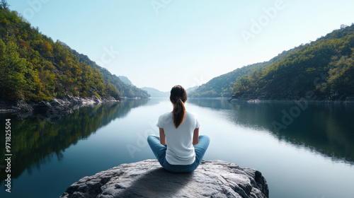 A woman sits peacefully meditating on a rock by a calm lake, surrounded by nature and mountains, promoting mindfulness and relaxation.
