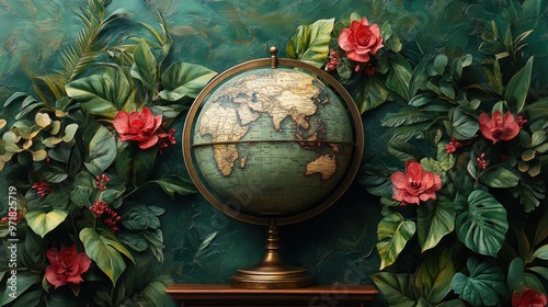 Vintage Globe Surrounded by Lush Greenery