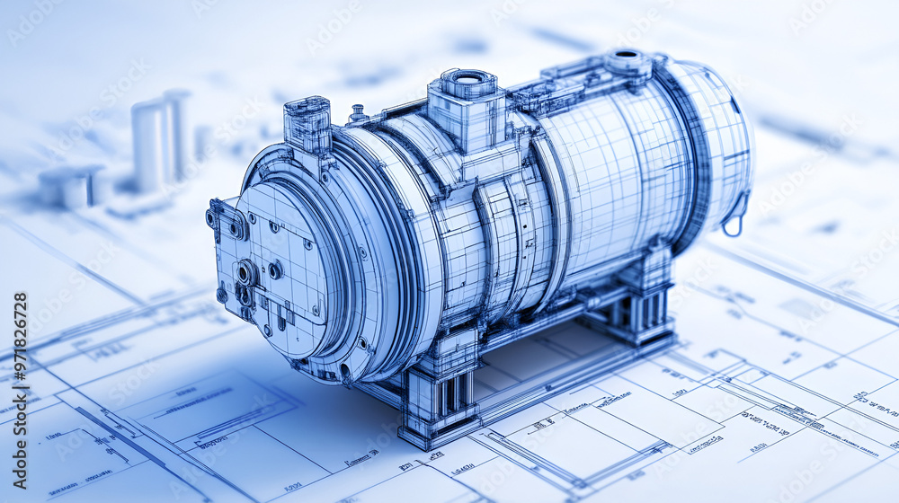 3D Wireframe Model of Industrial Equipment on Blueprint Background ...