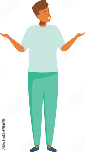 Young man is standing with his arms outstretched, palms up, as if presenting or offering something