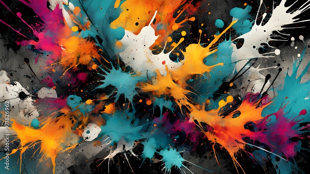 Abstract colorful paint splatters on black background. Abstract colorful paint splatters on black background.